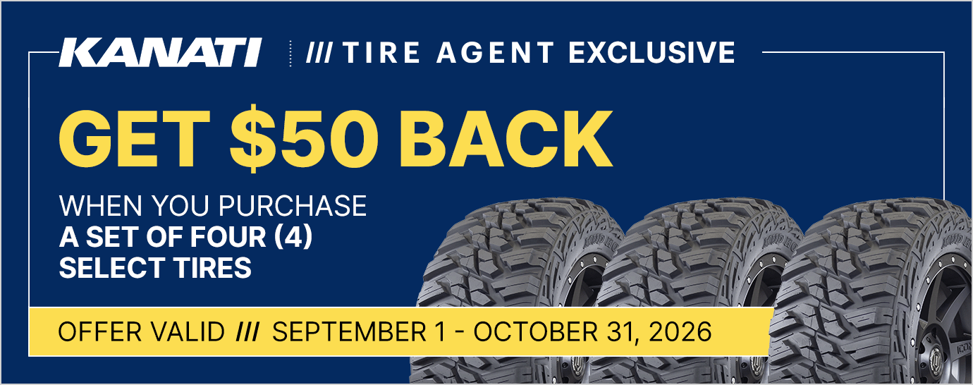 Get $50 back when you purchase a set of four (4) select Kanati tires. Offer valid September 1 - October 31, 2026.