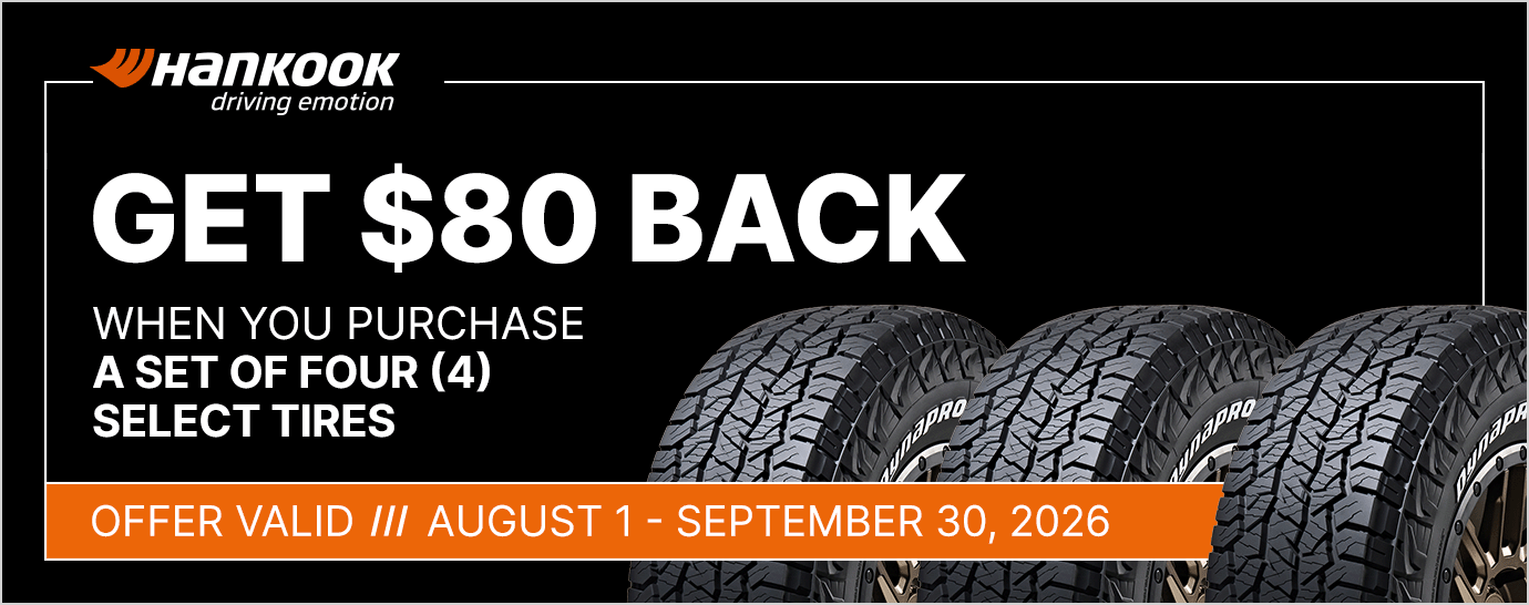 Get $80 back when you purchase a set of four (4) select Hankook tires