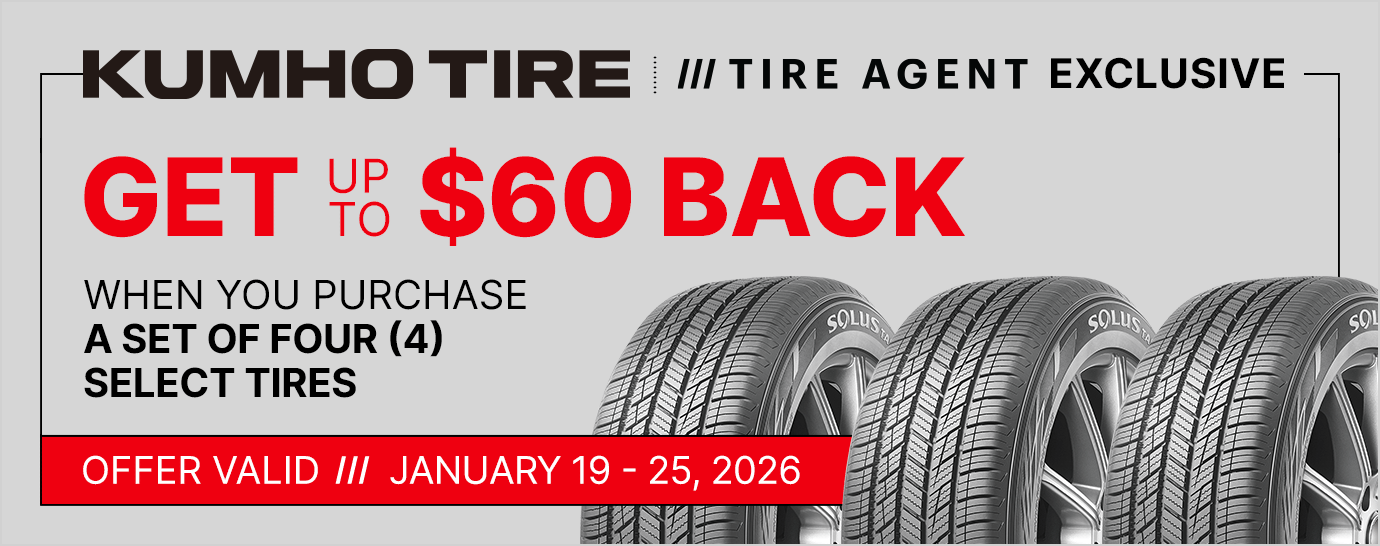 Get up to $60 back when you purchase a set of four (4) select Kumho tires