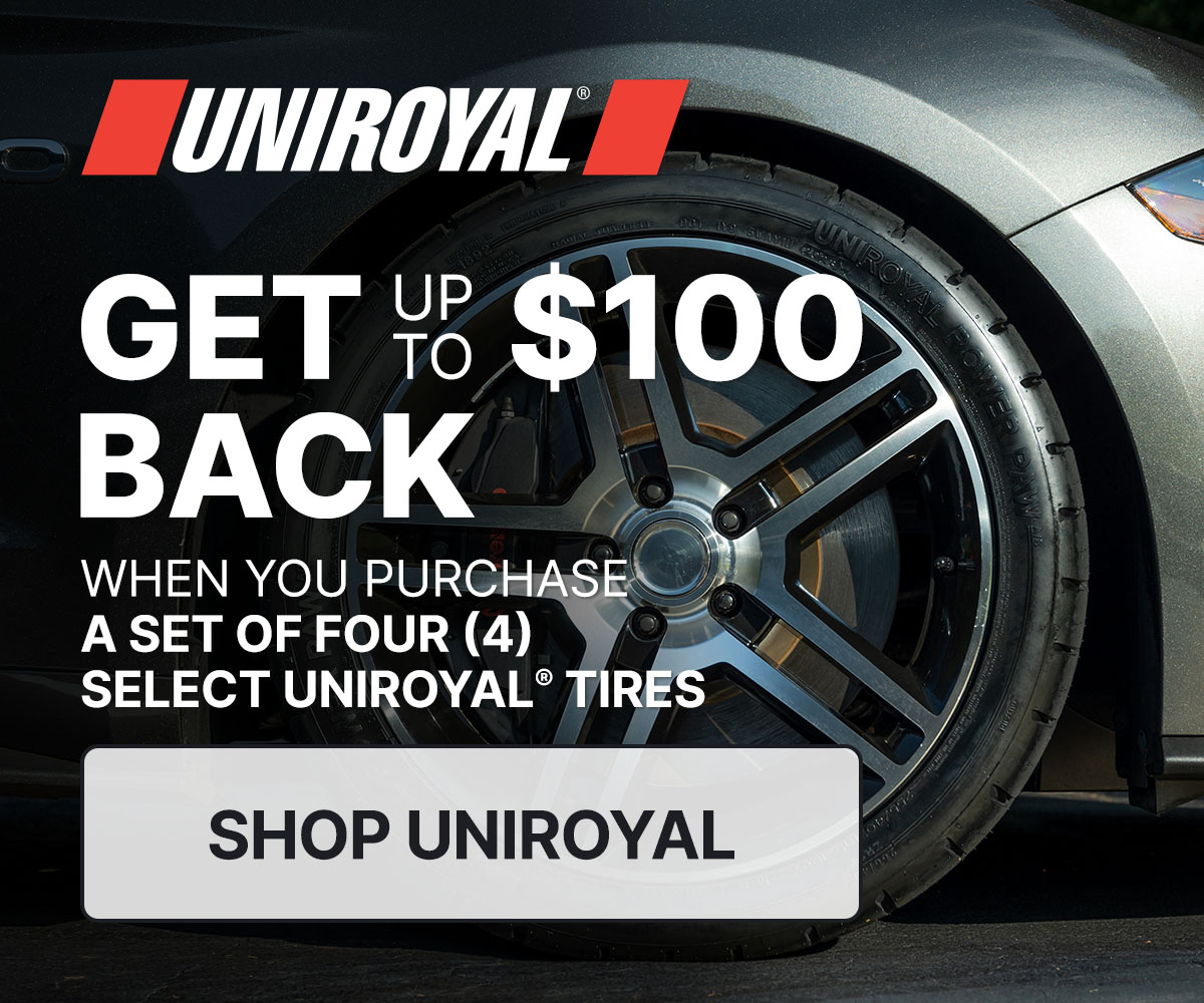 Get up to $100 back when you purchase a set of four (4) select Uniroyal tires